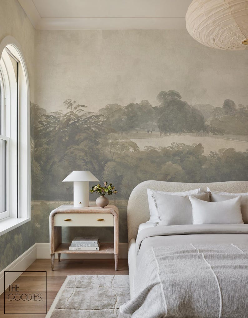 Scenic Forest Landscape Wallpaper Mural, Vintage Countryside Design ...