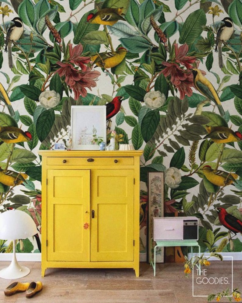 Nature Lover's Wallpaper, Botanical Bird Wall Mural, Vibrant Nature-Inspired Wall Decor #26 image 1