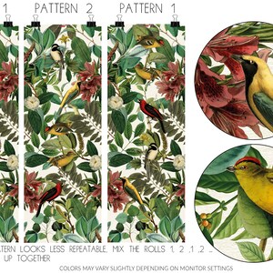 May include: Two patterns of wallpaper featuring a repeating design of birds and flowers. The patterns are labeled "Pattern 1" and "Pattern 2". The text "To make the pattern looks less repeatable. Mix the rolls 1, 2, 1, 2... They all match up together." is at the bottom of the image. The text "Colors may vary slightly depending on monitor settings" is at the bottom of the image.