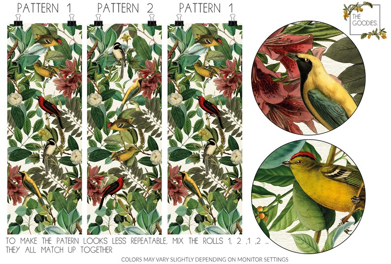 May include: Two patterns of wallpaper featuring a repeating design of birds and flowers. The patterns are labeled "Pattern 1" and "Pattern 2". The text "To make the pattern looks less repeatable. Mix the rolls 1, 2, 1, 2... They all match up together." is at the bottom of the image. The text "Colors may vary slightly depending on monitor settings" is at the bottom of the image.
