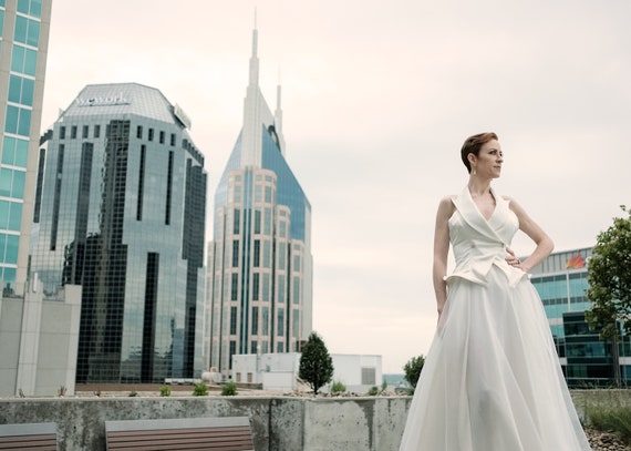 Non Traditional Bridal Seperates. Tailored Peplum Halter Blazer with A-Line Orgaza Skirt.