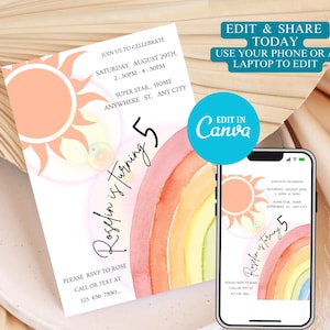 Editable Party Invite Rainbow Birthday Invitation Digital Download Printable Kids Birthday Card Colorful Rainbow Theme Birthday Invitation