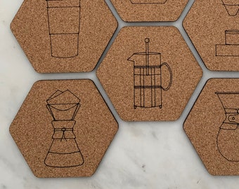 Natural Cork Engraved Coffee Coaster Set - Eco-Friendly Table Accessories Set of Four - Hexagon Cork Coasters