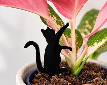 May include: A black cat-shaped plant stake inserted into the soil of a potted plant. The silhouette features a cat standing on its hind legs with one front paw raised toward the vibrant pink and green leaves of the plant.