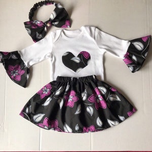 African Print Ruffled Sleeve Bodysuit  wit Matching Skirt| Ankara Headband| African Print Baby Girls Clothe| Ankara Baby Skirt| Matching Set