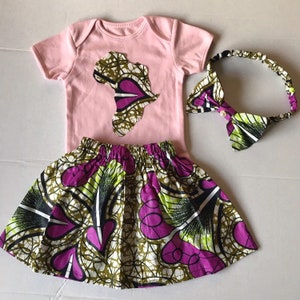 Afrikaanse kaart bodysuit| Afrikaanse print kinderkleding| Ankara babymeisjesjurk | Afrikaanse bijpassende outfits| Afrikaanse print babyrokje Ankara hoofdband
