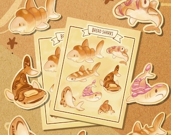 May include: A set of 12 illustrated stickers featuring cartoon sharks with a bread-like texture. The stickers are printed on white paper and have a glossy finish. The stickers are titled "Bread Sharks" and feature a variety of shark designs, including a shark with a pink stripe, a shark with a brown stripe, and a shark with a white stripe.