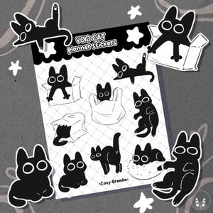 May include: A set of black and white planner stickers featuring a void cat in various poses. The stickers say "VOID CAT Planner Stickers" and "Cozy Gremlin".