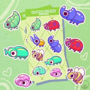 May include: A sheet of colorful stickers featuring cartoon insects and the text "LITTLE CUTIES COZY GREMLIN". The stickers include a green leaf bug, a red ladybug, a blue beetle, a yellow and brown bee, and other cute bug designs.
