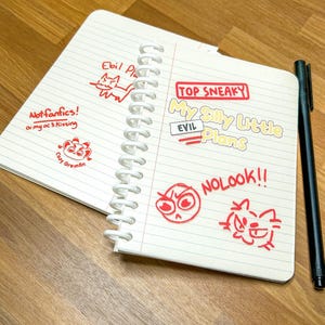 May include: An open spiral notebook with lined pages, featuring handwritten text and doodles in red ink. The text includes phrases like "Top Sneaky" and "My Silly Little Plans." A black pen rests on the right side of the notebook.