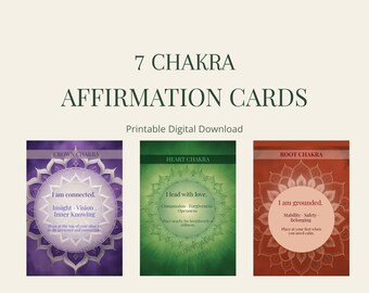 May include: A set of 7 Chakra affirmation cards as a printable digital download. The image displays three rectangular cards in purple, green, and red, each featuring a mandala design, chakra name, affirmation text, and descriptive keywords.