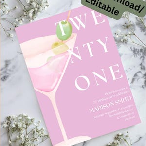 Martini/ 21st Birthday Celebration/Digital Download/ Invitation/ Pink/Drink/ Birthday Party/Minimalistic/ Digital Download/Editable