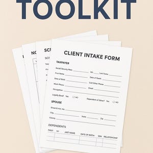 May include: A stack of white paper forms with the text "CLIENT INTAKE FORM" and "TAX PREPARER TOOLKIT" in navy blue. The forms include fields for personal information. The words "PDF DOWNLOAD" are at the bottom.