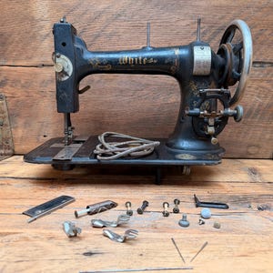Antique White Vibrating Shuttle Treadle Sewing Machine 1900s with Accessories