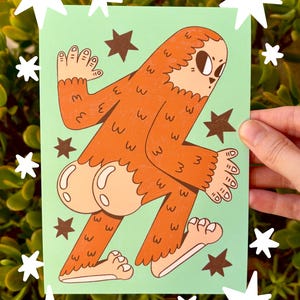 May include: A whimsical illustration on a mint green background features a cartoon creature with orange fur and light tan skin. The creature is depicted in a walking pose, with brown star accents. White star decorations surround the image.
