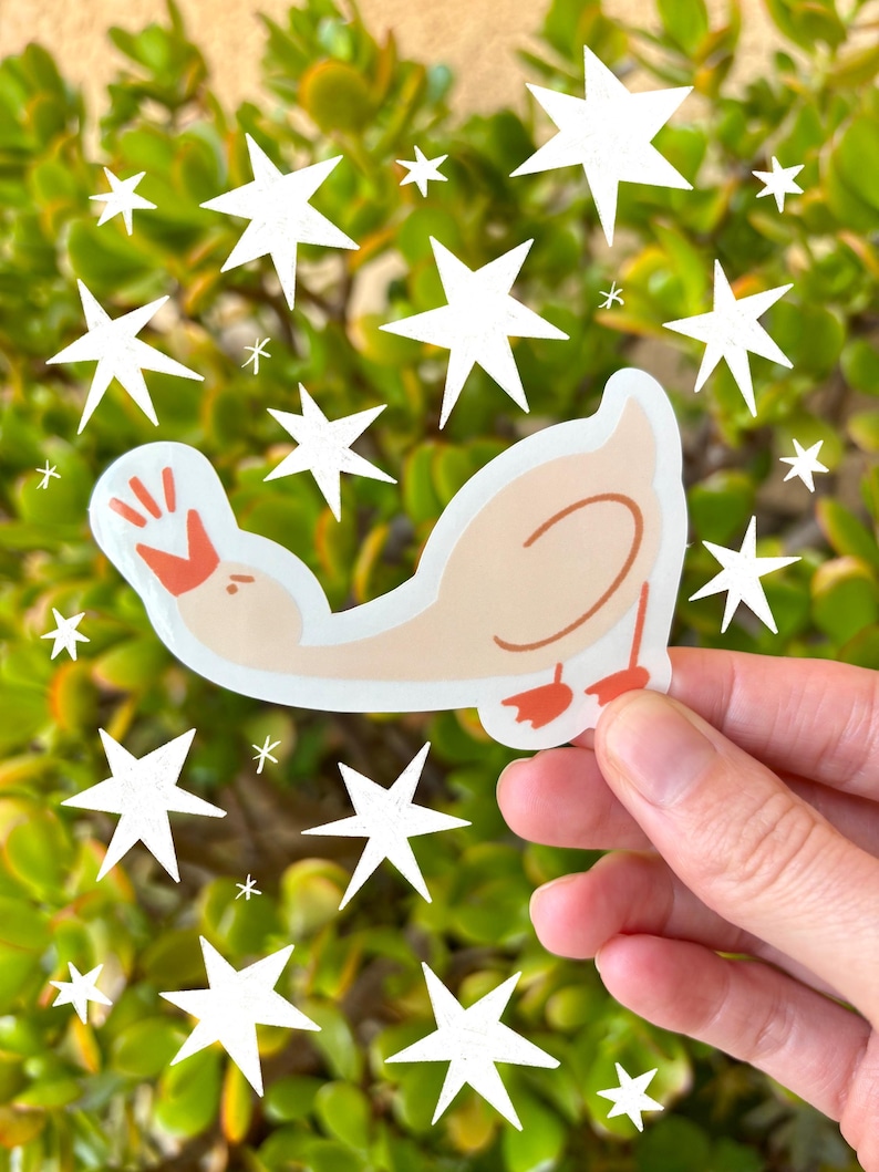 May include: A sticker of a cartoon goose with a pink body and orange beak and feet. The goose is waving with its left wing. The sticker is surrounded by white stars on a green background.