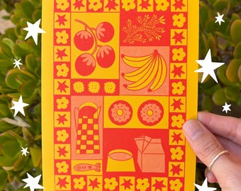 Buntes Frühstück Kunstdruck | Niedliches Essen Wanddekor | Küche Kunstwerk | Maximalistische Kunst | Weihnachtsgeschenk