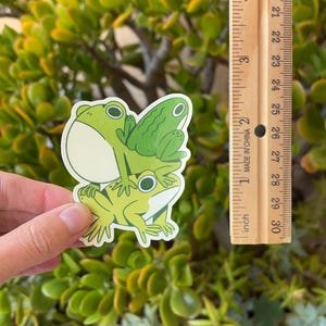May include: A sticker featuring three cartoon frogs in shades of green. The frogs are stacked on top of each other. The sticker is held up against a green leafy background. A ruler is next to the sticker, measuring in inches.