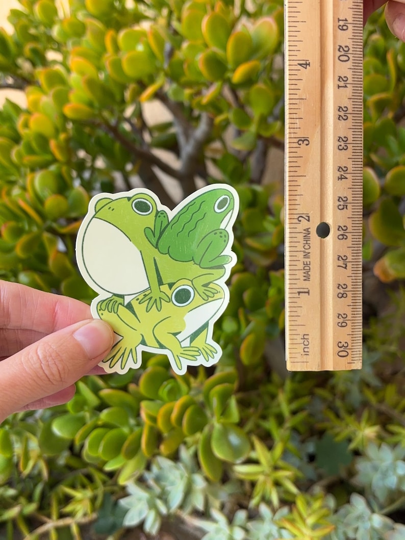May include: A sticker featuring three cartoon frogs in shades of green. The frogs are stacked on top of each other. The sticker is held up against a green leafy background. A ruler is next to the sticker, measuring in inches.