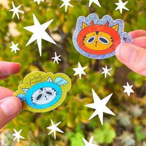 Mini pegatinas de ángel y diablo / Pegatinas pequeñas con purpurina / Arte felino / Decoración maximalista / Regalos para Géminis / Regalo para el Día del Padre