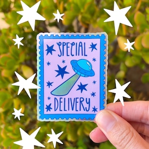 Sticker UFO-stempel | Holografische kunst vliegende schotel | Buitenaardse sticker | Maximalistisch decor | Cryptid-cadeaus | Vaderdagcadeau