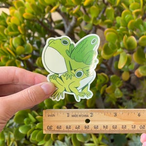 May include: A sticker featuring three cartoon frogs in shades of green. The sticker is held in front of a green leafy background. The sticker is approximately 2 inches in length.