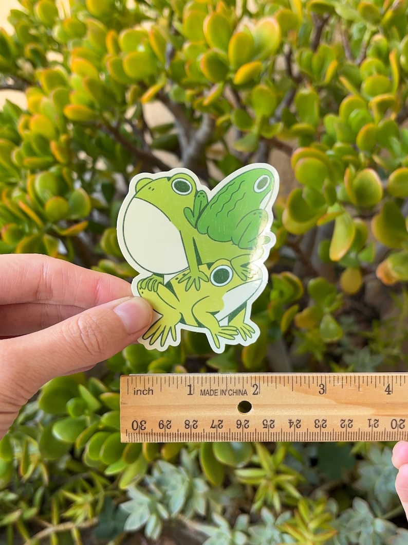 May include: A sticker featuring three cartoon frogs in shades of green. The sticker is held in front of a green leafy background. The sticker is approximately 2 inches in length.