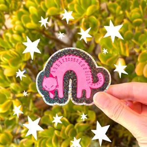 Cute Pink Cat Sticker | Holographic Animal Stickers | Sparkly Decals | Angry Cat Art | Animal Artwork | Kitty Design | Junk Journal