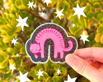 Süßer rosa Katzenaufkleber | Holographische Tier Sticker | Glitzernde Abziehbilder | Wütende Katze Kunst | Tier Kunstwerk | Katzen Design | Junk Journal