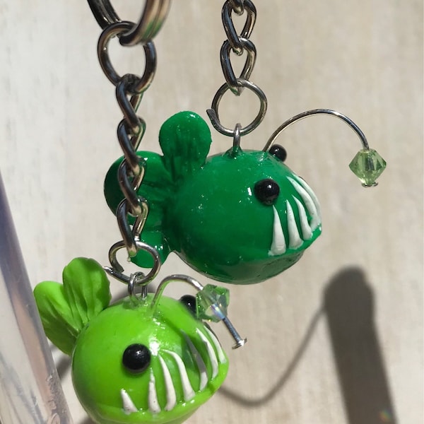 Angler fish NECKLACE/KEYCHAIN, multicolor fish, crystal light, nautical jewelry, stocking stuffer, gift for kids