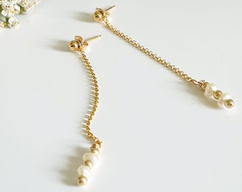 Boucles d'oreilles pendantes longues en or avec perles d'eau douce | Bijoux plaqués or 14 carats | Cadeau pour femme et anniversaire de mariage | WildbirdsJewelry