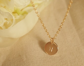 10 mm personalized small disc necklace, 14k gold filled initial chain, circle pendant hand stamped, gift girlfriend