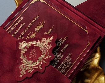 Burgundy Velvet Trifold Wedding Invitation Suite | Acrylic Invite Card with Gold Pressed Monogram | RSVP QR code cards website | Pocket Set