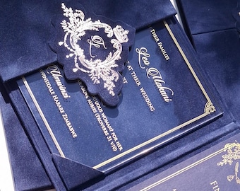 Velvet Pocket Navy Blue Invitation Set | Clear Acrylic Trifold Invitation | Luxury Envelope RSVP Details Card | Customizable Monogram Logo