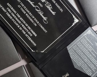 Luxury Black Velvet Gatefold Invitation Book | Silver Foil Wedding Details | Velvet Hardcover Invitation