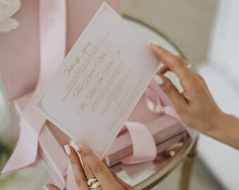 Dusty Blush Rose Wedding Invitation Box | Pink Quinceañera Invitation | Acrylic Invitation in Velvet Box | Royal Gold Custom Logo Monogram