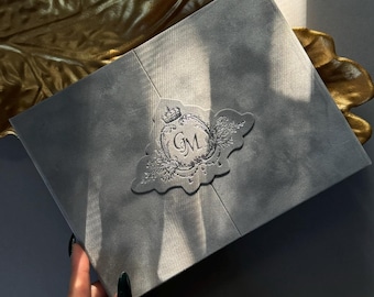 Silver Trifold Velvet Wedding Invitation | Custom Mirror Acrylic Bundle | Customize Silver Foil Monogram Crest | Invitations Set
