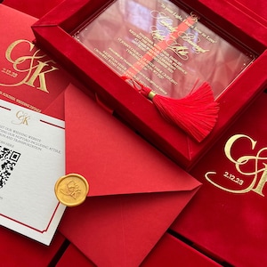 Luxurious Red Wedding Velor Invitation Box | Acrylic Wedding Invitations Velvet Box Invite | Custom Wedding Monogram | Premium Wedding Set