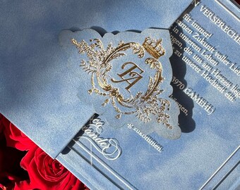 Pocket Wedding Invitation Set | Velvet Wedding Invitation Suede | Luxury Blue Lagoon Envelope and Clear Acrylic | Wedding Monogram Logo