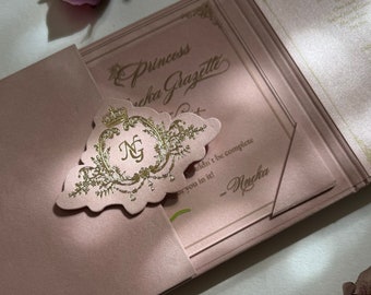 Luxury Velvet Monogram Wedding Invitation Pocket Suite | Pink Envelope | Classic Acrylic Card | Italian Personalized Card | Sweet 16 Invites