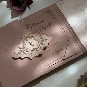 Suite de poche d’invitation de mariage monogramme de velours de luxe | Enveloppe rose | Carte acrylique classique | Carte personnalisée italienne | Douce 16 invitations