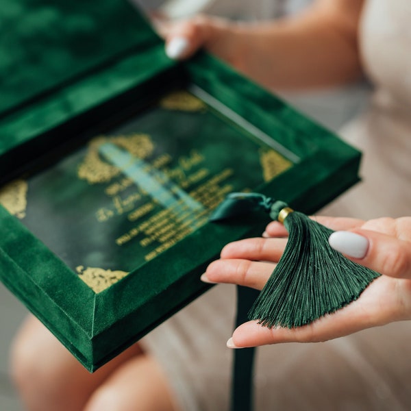 Luxury Green Velvet Wedding Invitation Box Suede | Acrylic Wedding Invitations in Box and Luxury Tassel | Custom Wedding Monogram