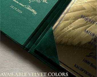 Luxurious Gold Pocket Fold Invitation | Custom Wedding Invites Velvet Emerald | Gold Mirror Acrylic | Monogram Cross | Panel Pocket Invite