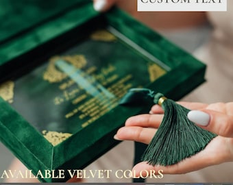 Luxury Green Velvet Wedding Invitation Box Suede | Acrylic Wedding Invitations in Box and Luxury Tassel | Custom Wedding Monogram