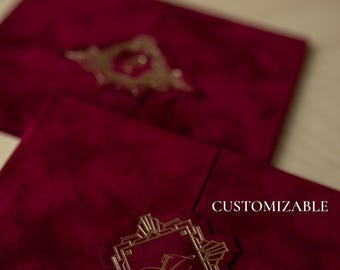 Luxury Boxed Wedding Invitation Pocket Envelope | Folder Invitation | Acrylic | Burgundy Velvet | Classic Invitation with Gold Foil Crest