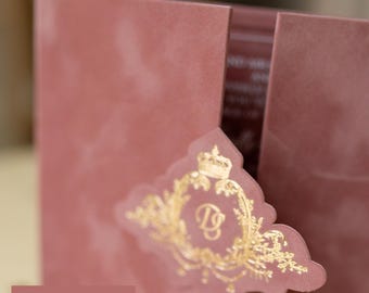Pink Luxury Hardcover Invitation Book-fold | Acrylic Wedding Invite Set | Custom Party Invitation | quinceañera | Dusty Rose Velvet