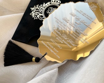 Luxury Black Velvet Envelope and Elegant Acrylic Wedding Invitation | Mirror Gold Acrylic Invitations | Gold Foil Print | Custom Monogram