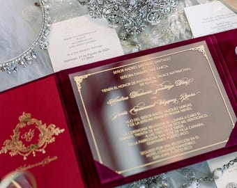 Luxury Wedding Velvet Invitation Suite | Acrylic Gold Foil Wedding Invitations | RSVP QR Three panel | Folded Bespoke Wedding Invitations