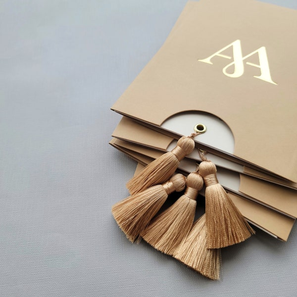 Wedding Invitation with Dress Code or RSVP | Neutral Wedding Invitation Set | Gold Wedding Monogram with beige Tassel | Luxury textured card