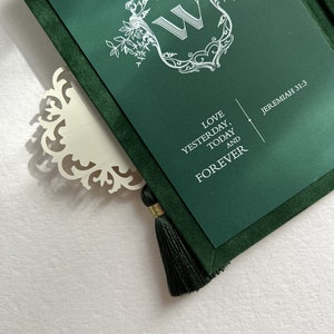 Wedding Invitation Suede Luxury Forest Velvet Envelope and Elegant Acrylic Invitation Green tassel Trifold Booklet Invitation image 4